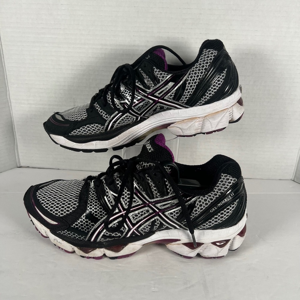 Asics Gel-Nimbus 12 Womens 9 Running Shoes Black Silver Purple T095N Sneaker